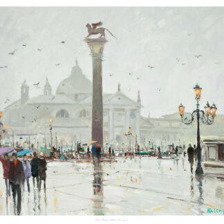 An impressionist-style painting of an urban square with people, lampposts, a column with a statue on top, buildings in the background, and birds flying under a grey sky. By Robert Kelsey