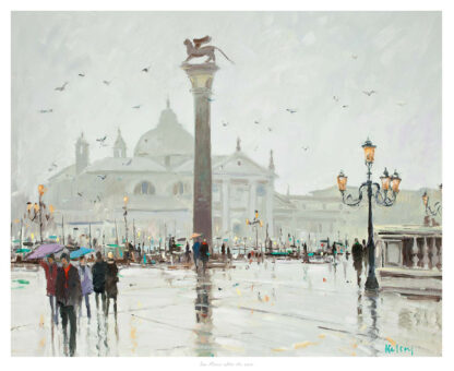 An impressionist-style painting of an urban square with people, lampposts, a column with a statue on top, buildings in the background, and birds flying under a grey sky. By Robert Kelsey