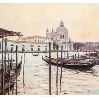 The image is a painting depicting a tranquil Venetian scene with gondolas on the water and the Santa Maria della Salute basilica in the background. By Robert Kelsey