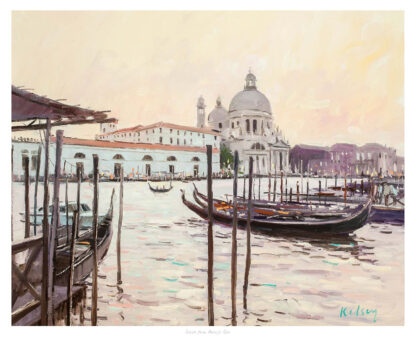 The image is a painting depicting a tranquil Venetian scene with gondolas on the water and the Santa Maria della Salute basilica in the background. By Robert Kelsey