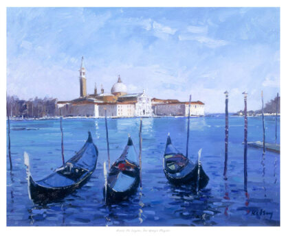 The image depicts three gondolas on the water with a historic building in the background under a blue sky, portrayed in an impressionist painting style. By Robert Kelsey