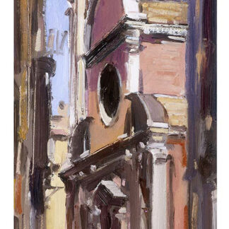 A painting of a person walking towards a church with a bell tower on a narrow street lined with tall buildings. By Robert Kelsey