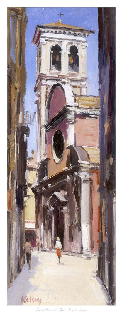 A painting of a person walking towards a church with a bell tower on a narrow street lined with tall buildings. By Robert Kelsey