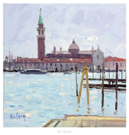 A painting depicting a seaside view with a tall tower, buildings at the distance, and wooden posts at the foreground. By Robert Kelsey