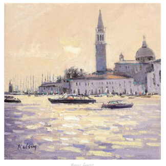 A painting of Venice at sunset, showing a waterscape with boats, historic buildings, and a prominent bell tower under a pastel sky. By Robert Kelsey
