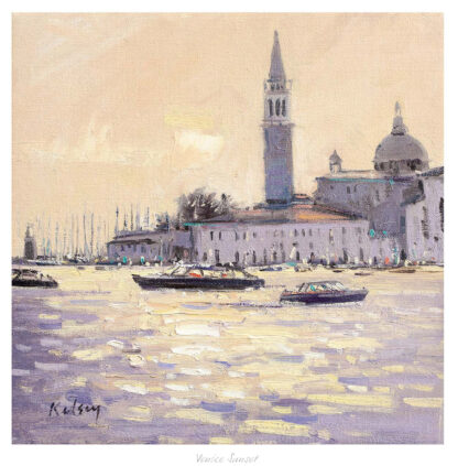 A painting of Venice at sunset, showing a waterscape with boats, historic buildings, and a prominent bell tower under a pastel sky. By Robert Kelsey