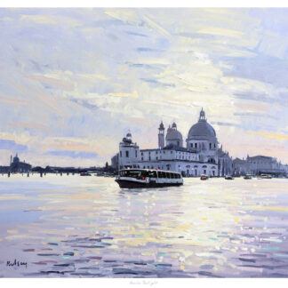An impressionistic painting of a Venice waterscape with a boat in the foreground and St Mark's Basilica in the distance. By Robert Kelsey