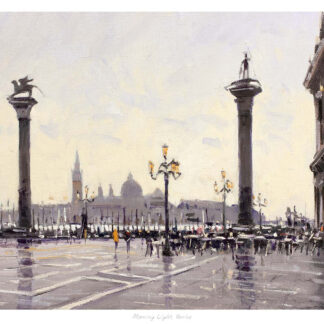 The image is a painting of St. Mark's Square in Venice, showcasing its iconic columns and architecture with people in the distance. By Robert Kelsey