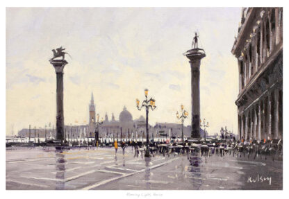 The image is a painting of St. Mark's Square in Venice, showcasing its iconic columns and architecture with people in the distance. By Robert Kelsey