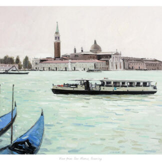 A painting of boats on the water with a view of the San Giorgio Maggiore island in Venice. By Robert Kelsey