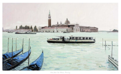 A painting of boats on the water with a view of the San Giorgio Maggiore island in Venice. By Robert Kelsey