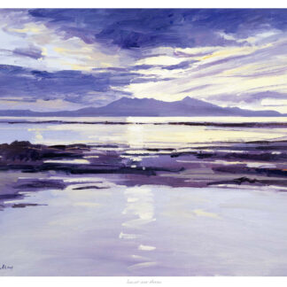 A painting of a tranquil waterfront scene with a dramatic sky, possibly at sunrise or sunset. By Robert Kelsey