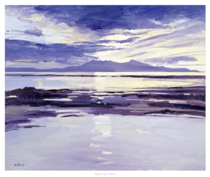 A painting of a tranquil waterfront scene with a dramatic sky, possibly at sunrise or sunset. By Robert Kelsey