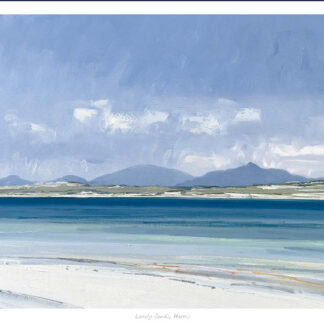 A serene landscape painting depicting a tranquil beach with calm blue waters, white sands, and distant mountains under a sky with soft cloud cover. By Robert Kelsey