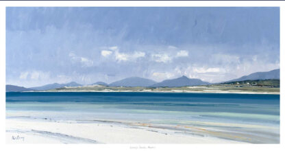 A serene landscape painting depicting a tranquil beach with calm blue waters, white sands, and distant mountains under a sky with soft cloud cover. By Robert Kelsey