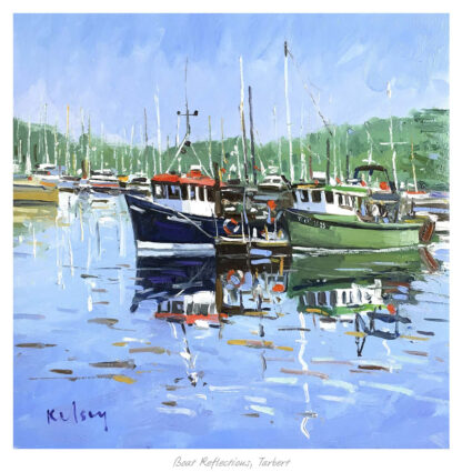 The image depicts colorful boats with reflections on water in a harbor, under a blue sky dotted with white clouds. By Robert Kelsey