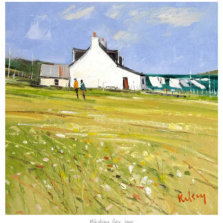 A painting depicting two people walking towards a white house with a thatched roof on a sunny day, amid a field with flowers and greenery. By Robert Kelsey