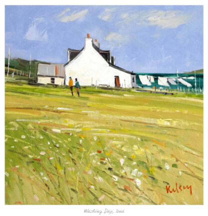 A painting depicting two people walking towards a white house with a thatched roof on a sunny day, amid a field with flowers and greenery. By Robert Kelsey