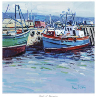 Colorful boats moored at a dock with buildings in the background, in a painting style. By Robert Kelsey