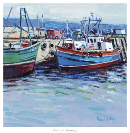 Colorful boats moored at a dock with buildings in the background, in a painting style. By Robert Kelsey