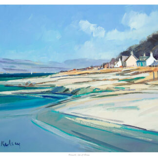 A vibrant painting of a serene beach with houses in the distance under a blue sky with wispy clouds. By Robert Kelsey