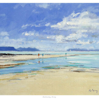 A painting of a beach scene with people walking near the water under a cloudy blue sky, with bold brushstrokes and vibrant colors. By Robert Kelsey