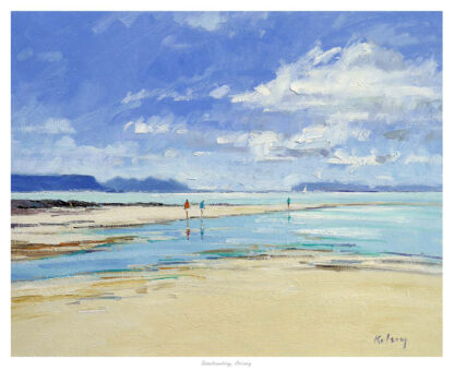 A painting of a beach scene with people walking near the water under a cloudy blue sky, with bold brushstrokes and vibrant colors. By Robert Kelsey