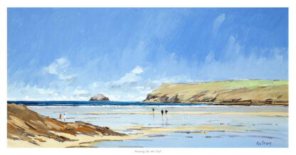 A painting depicts a beach scene with two people and a distant headland under a blue sky with clouds. By Robert Kelsey