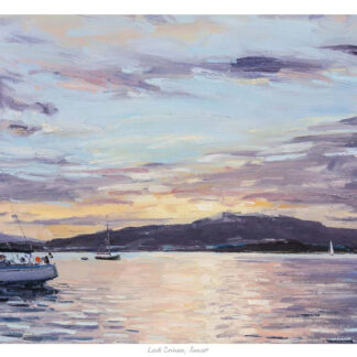 A colorful painting of sailboats on calm water at dusk with a dramatic cloud-filled sky. By Robert Kelsey