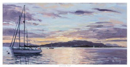 A colorful painting of sailboats on calm water at dusk with a dramatic cloud-filled sky. By Robert Kelsey