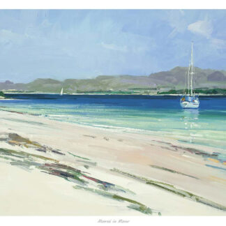 A painting of a serene beach with a sailboat on clear blue water and mountains in the distance. By Robert Kelsey