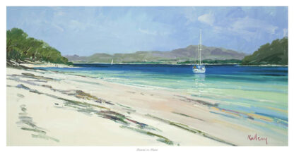 A painting of a serene beach with a sailboat on clear blue water and mountains in the distance. By Robert Kelsey