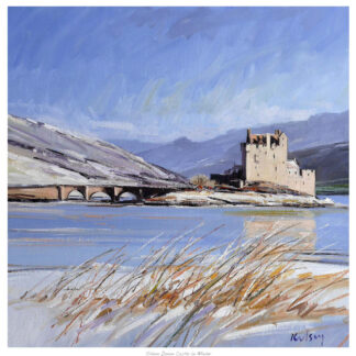 A painting of a historic castle by a bridge over a river with a backdrop of mountains and a clear sky. By Robert Kelsey