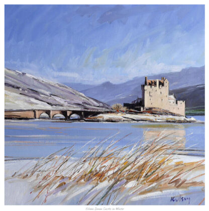 A painting of a historic castle by a bridge over a river with a backdrop of mountains and a clear sky. By Robert Kelsey