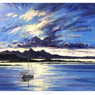 A vibrant painting of a sailboat on water with a dynamic blue sky and clouds over mountainous terrain in the background. By Robert Kelsey