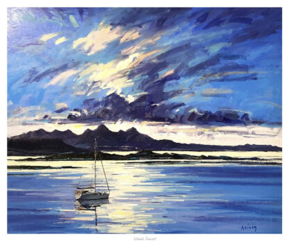 A vibrant painting of a sailboat on water with a dynamic blue sky and clouds over mountainous terrain in the background. By Robert Kelsey