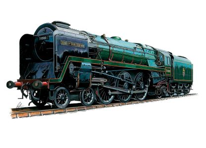 An illustration of a green classic steam locomotive with the name 'Duke of Gloucester' on the side. By Rod Harrison