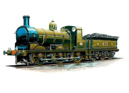 A colorful illustration of a vintage steam locomotive, numbered 673, with intricate detailing and a classic design. By Rod Harrison