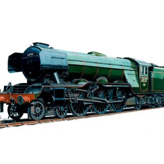 The image shows an illustrated, side-view of a classic green steam locomotive on tracks. By Rod Harrison