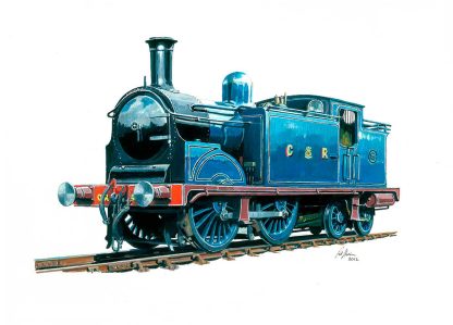 A colorful illustration of a vintage blue steam locomotive with 'C.R.120' written on the side, depicted on a white background. By Rod Harrison