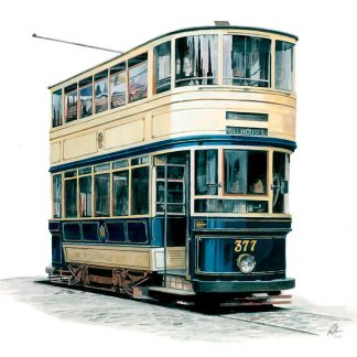 A painting of a vintage double-decker tram marked with the number 377. By Rod Harrison