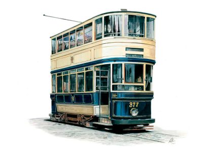 A painting of a vintage double-decker tram marked with the number 377. By Rod Harrison