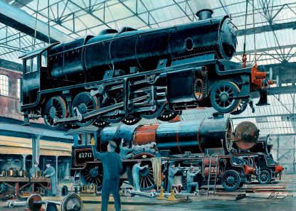 A painting of workers in a train depot servicing a large steam locomotive. By Rod Harrison