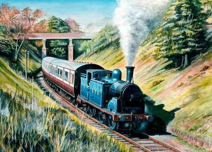 A vintage blue steam locomotive pulls a red passenger carriage through a lush countryside under a bridge. By Rod Harrison