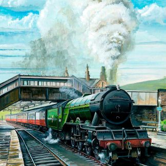 A vintage green steam locomotive pulls red and cream carriages from a station, emitting a large plume of white smoke against a blue sky. By Rod Harrison