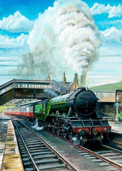 A vintage green steam locomotive pulls red and cream carriages from a station, emitting a large plume of white smoke against a blue sky. By Rod Harrison