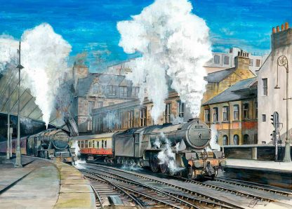 Two vintage steam locomotives at a train station, with steam billowing, under a clear blue sky. By Rod Harrison