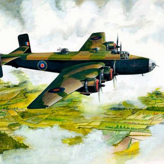 A painting of a vintage military bomber aircraft flying low over a green landscape.