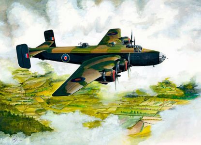 A painting of a vintage military bomber aircraft flying low over a green landscape.