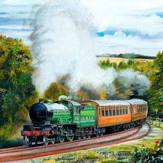 A vibrant painting of a classic green steam locomotive pulling carriages on tracks through a scenic landscape with prominent steam plume. By Rod Harrison